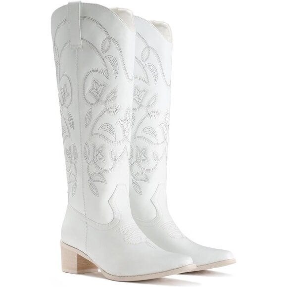 Women's White Pointy Toe Faux Leather Western Cowgirl Mid Calf Boots - Picture 5 of 6